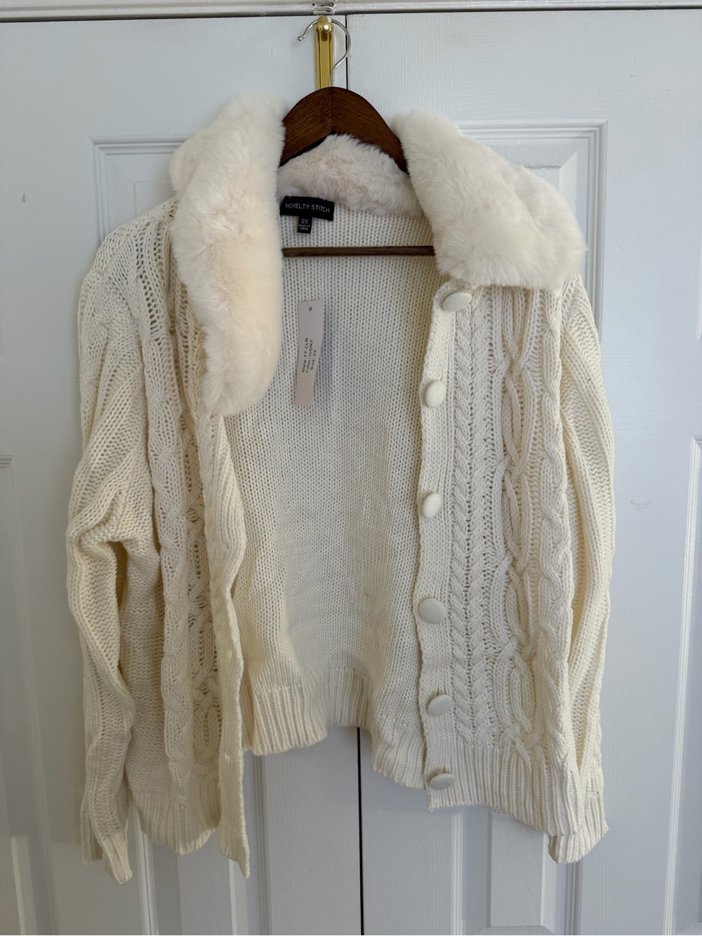 Cream Cable-Knit Faux-Fur Collar Sweater